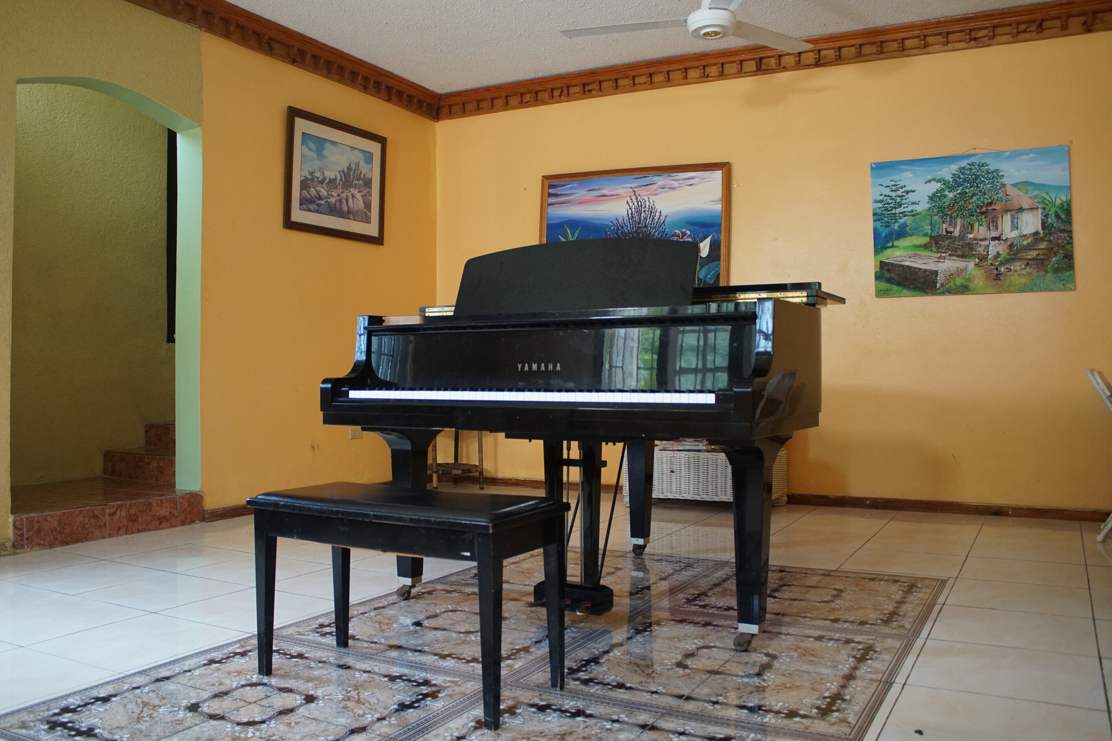 Een piano in een kamer met gele wanden, een kamerbreed tapijt en twee schilderijen.