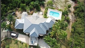 Une grande maison avec une piscine, entourée d’une végétation luxuriante et de palmiers.
