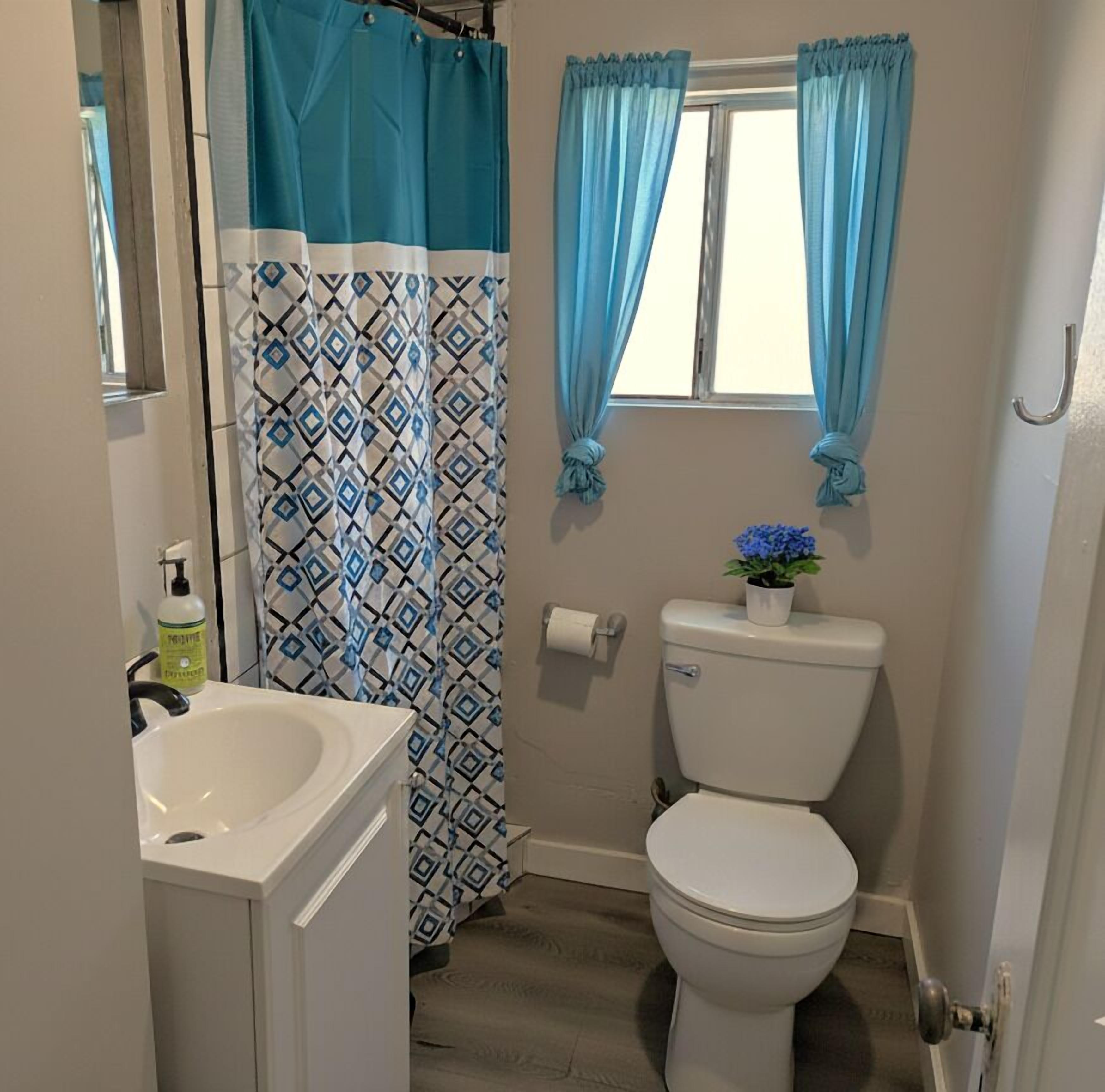 A bathroom with a white toilet, a sink, a shower curtain with a geometric pattern, and a window with blue curtains.