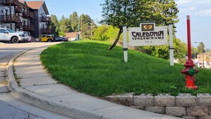 A sign for Caledonia Condominiums at 744 Avenue, with a red fire hydrant and a grassy area in the foreground.