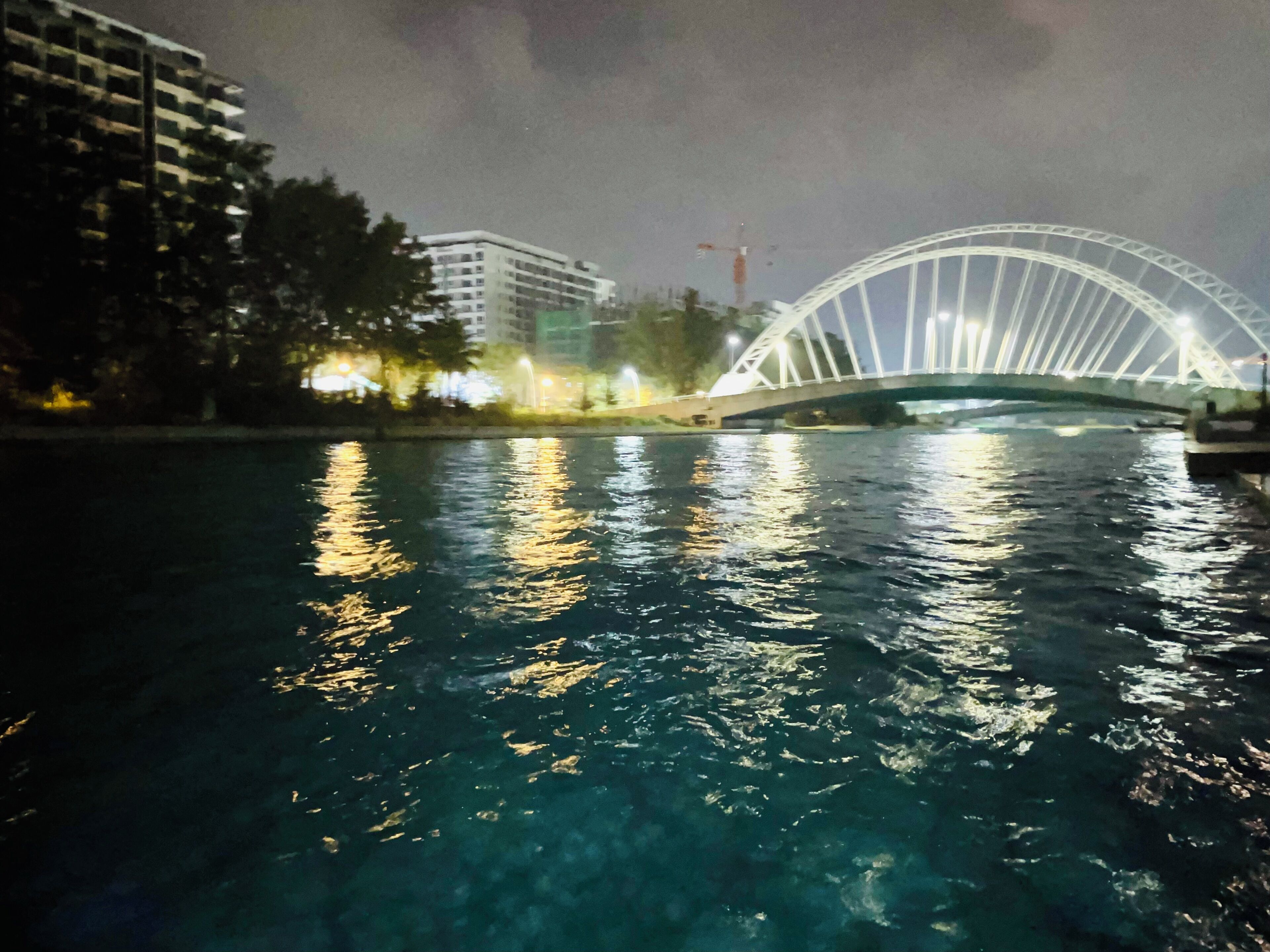 A nighttime view of a bridge over a body of water with city buildings in the background.