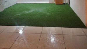 A room with a green artificial turf floor, white brick walls, and two ceiling lights. - Adorable 3-bedroom house with AC in charming San Miguel (San Miguel)