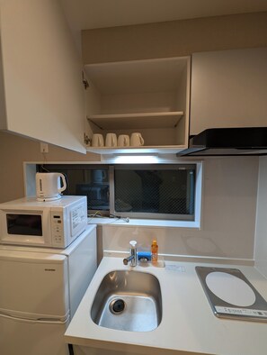 Kühlschrank, Mikrowelle, Herdplatte, Wasserkocher