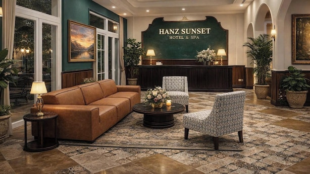 A lobby with a brown leather sofa, patterned armchair, and a reception desk with a sign reading "HANZ SUNSET HOTEL & SPA". - HAN Sunset Milan Hotel & Spa (Phu Quoc)