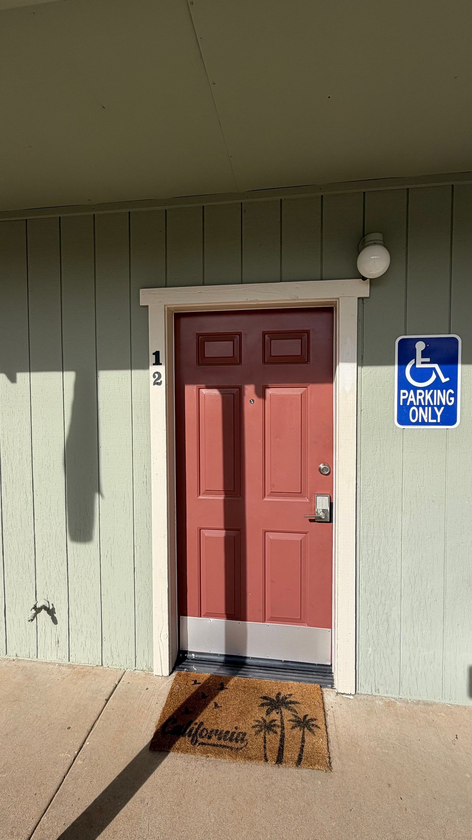 A red door with a handicap parking sign, a doormat with palm trees, and a light fixture above the door.