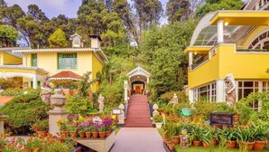 Um caminho leva a um edifício cercado por vegetação exuberante e plantas em vasos.