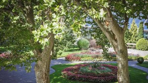 A well-maintained garden with a variety of flowering plants and trees, a paved walkway, and a bench. - Sunrose 7 - Heritage Boutique Hotel - Adults Only (Bohinj)