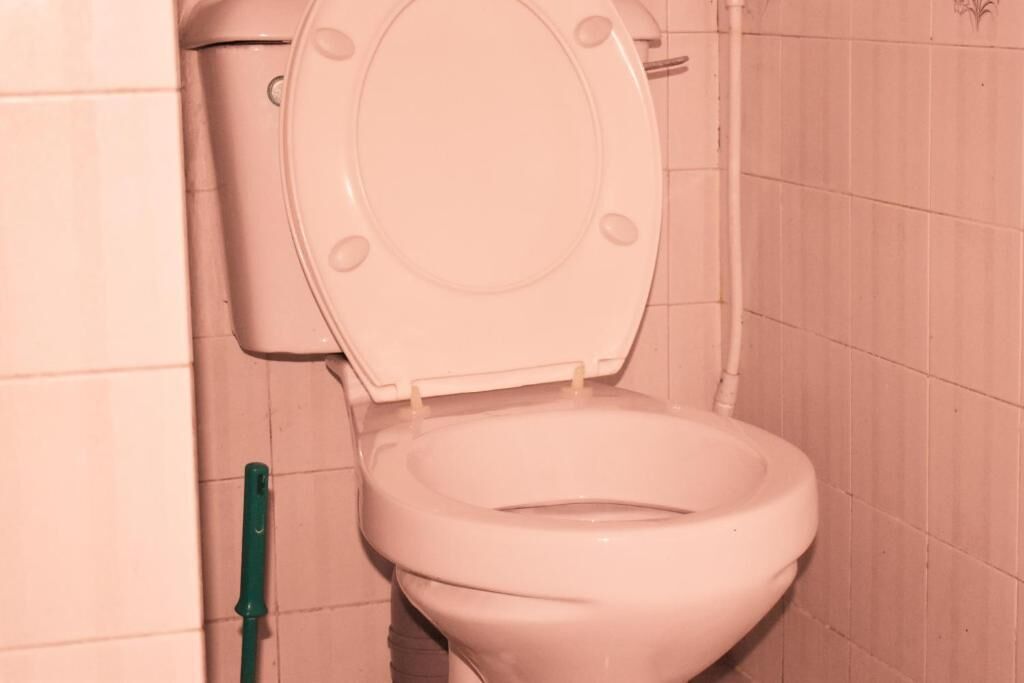 A toilet with a closed lid, a green cleaning brush, and tiled walls.