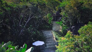 A wooden staircase leading to a thatched-roof structure surrounded by lush greenery and a small pool. - Palay (Malay)