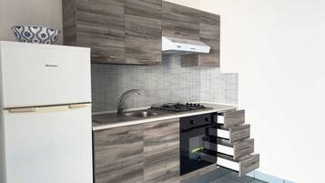 Frigorífico, horno, cafetera o tetera y utensilios de cocina