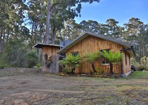 Une cabane en bois rustique, dotée d’un toit en pente, entourée d’une dense forêt d’eucalyptus et d’une pelouse bien entretenue.