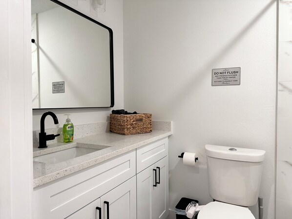 A bathroom with a white sink, black faucet, and a toilet. There is a sign on the wall that says "NOT FLUSH ANY PRODUCTS OTHER THAN TOILET PAPER." A basket and a bottle of soap are on the sink counter.