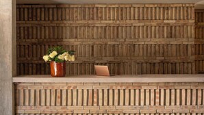A reception desk with a brick wall backdrop, a potted plant, and a laptop. - Hotel Humano (Santa María Colotepec)