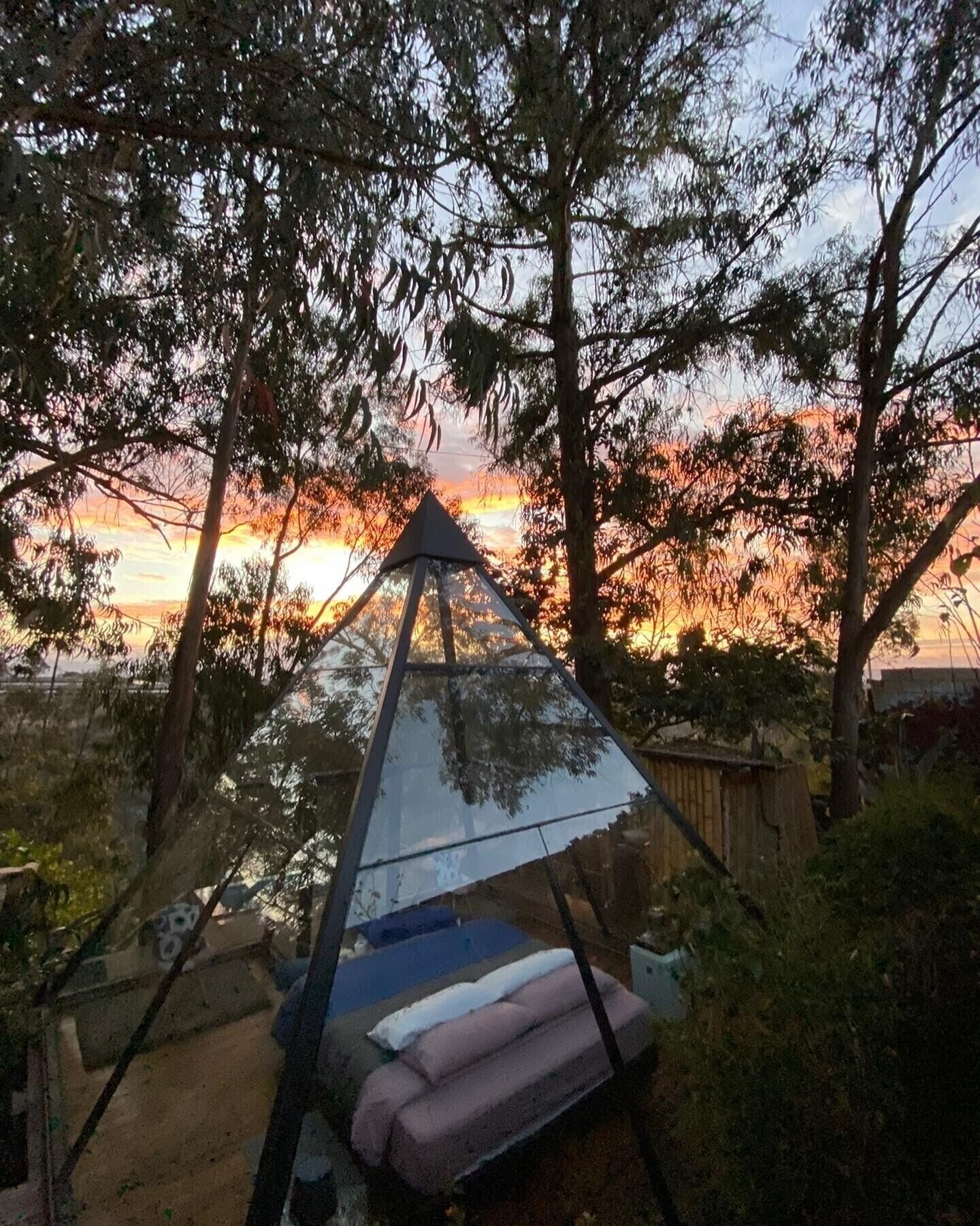 A tent with a bed inside, surrounded by trees and a sunset in the background.