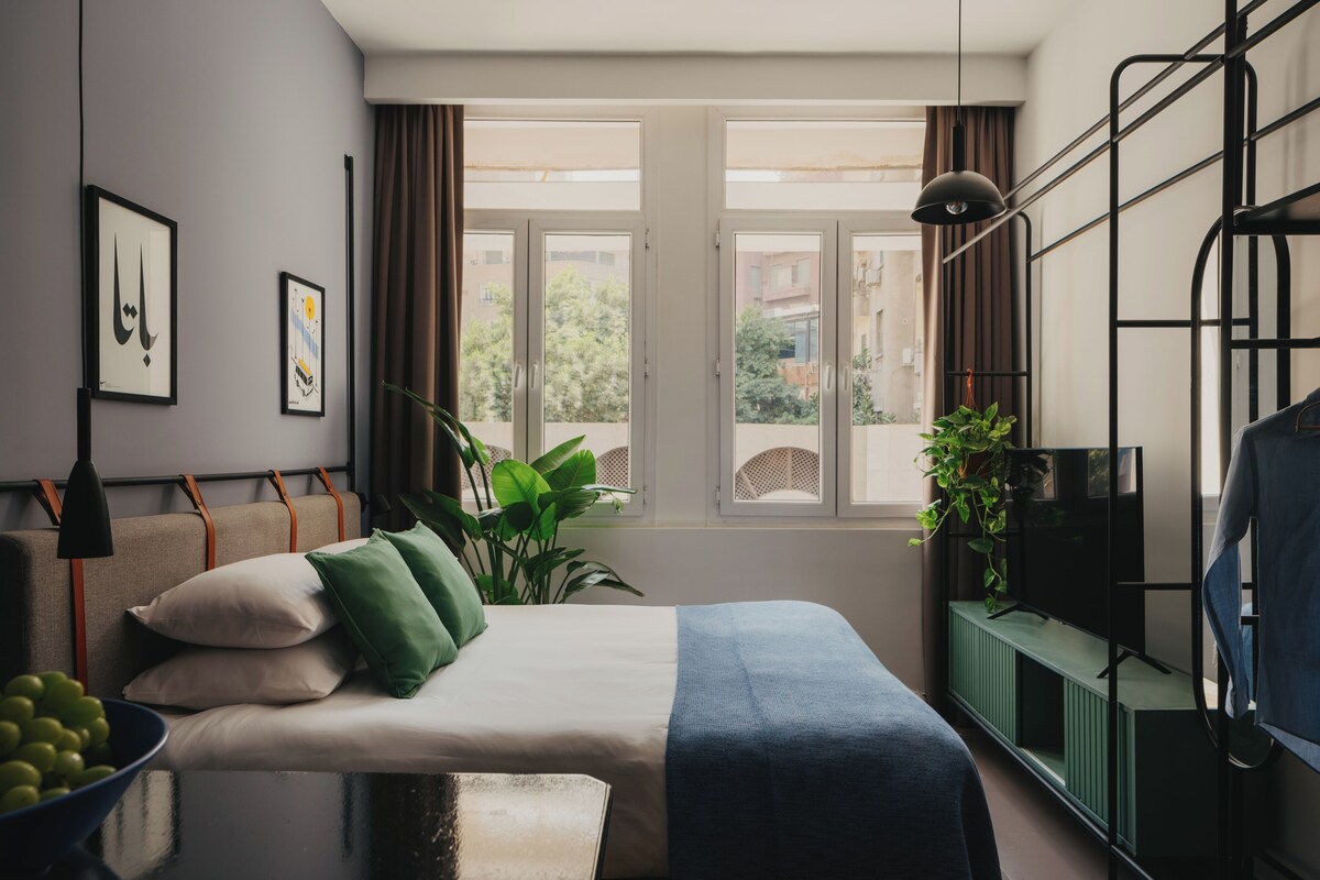 A modern bedroom with a bed, a TV on a stand, a window with curtains, and a plant.