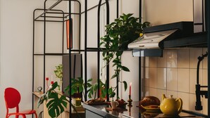 A modern kitchen with a black metal rack, a red chair, and various plants. - Brassbell Dt Hannaux Tahrir Sq (Cairo)