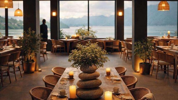 Un restaurant avec une table en bois dressée pour le repas, entourée de chaises, agrémentée de bougies et d’une plante en pot servant de centre de table.