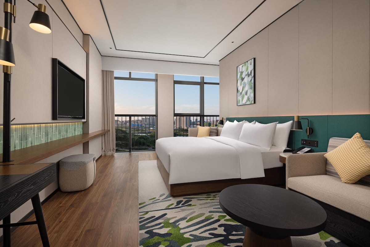 Camera d'albergo moderna con un letto grande, un divano, una scrivania e una televisione.