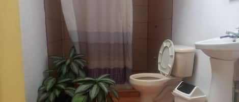 A bathroom with a toilet, sink, shower curtain, and potted plants.