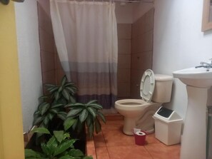 Ein Badezimmer mit Toilette, Waschbecken, Duschvorhang und Zimmerpflanzen.