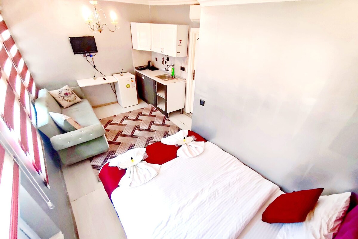 Ett hotellrum med en säng, ett skrivbord, en stol, ett litet pentry och en TV.