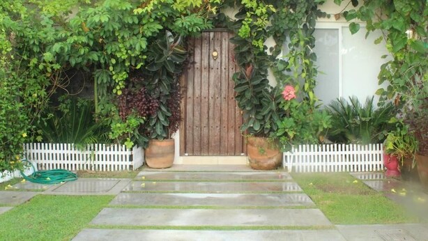 A wooden gate with a metal handle, surrounded by lush greenery and potted plants. - Casa Primavera (Puerto Vallarta)