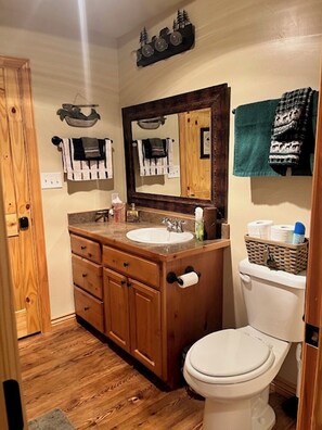 A bathroom with wooden cabinetry, a white sink, a large mirror, and a toilet.
