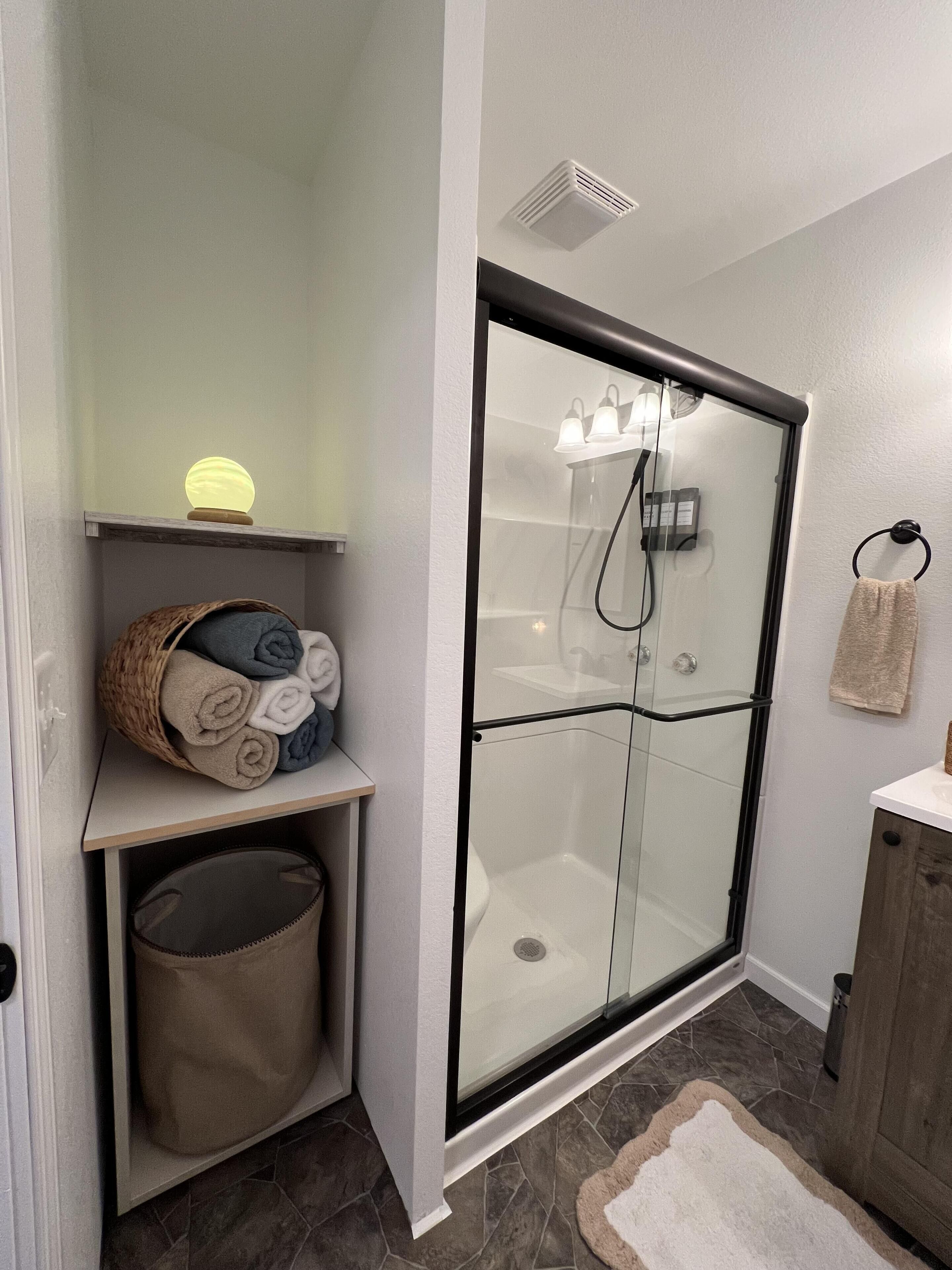 Shower, hair dryer, towels