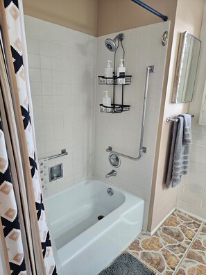 Hair dryer, towels, soap, shampoo