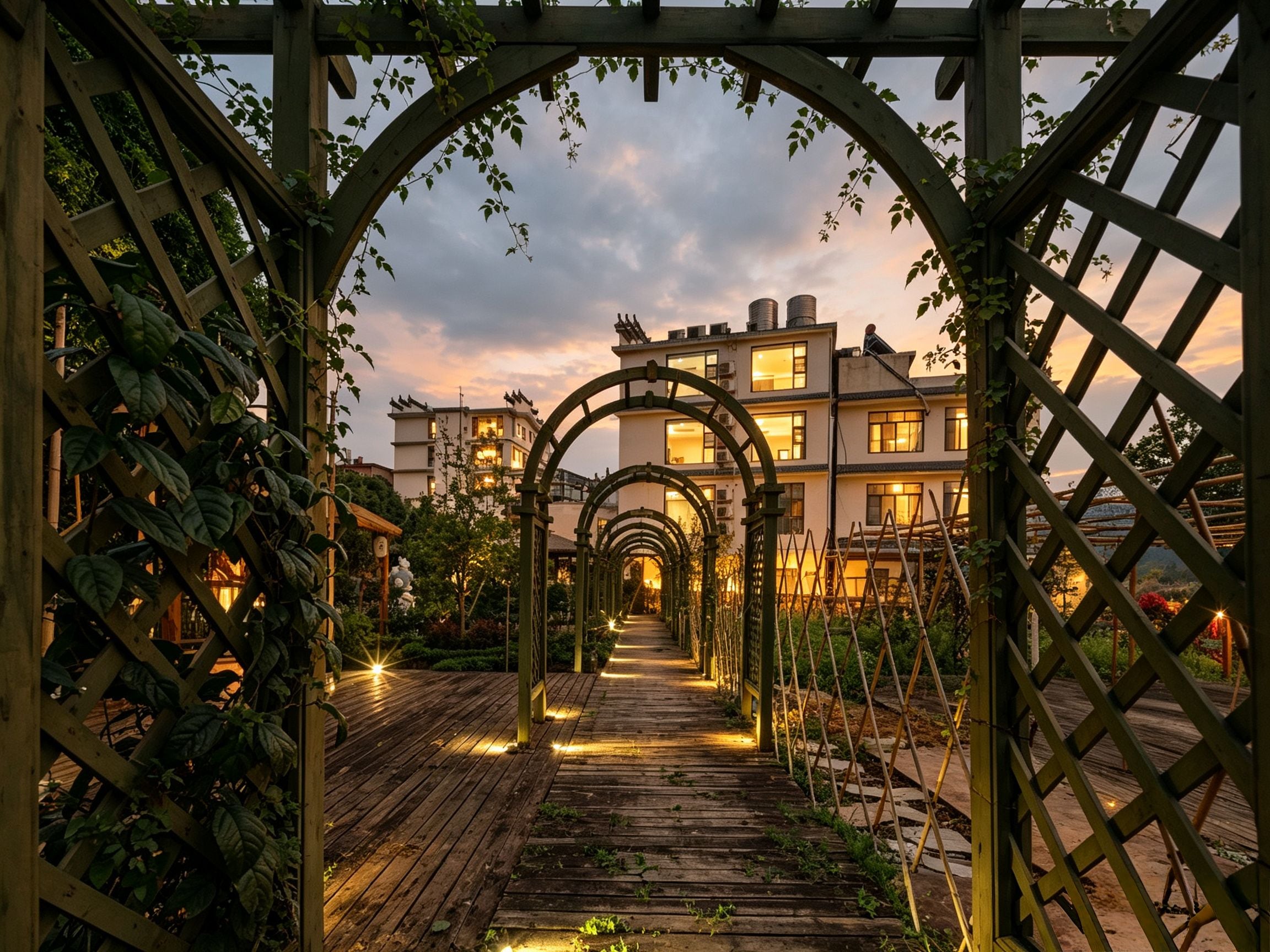 Un sendero de madera que lleva a un edificio con varias ventanas y balcones, rodeado de follaje y una estructura de pérgola de madera.
