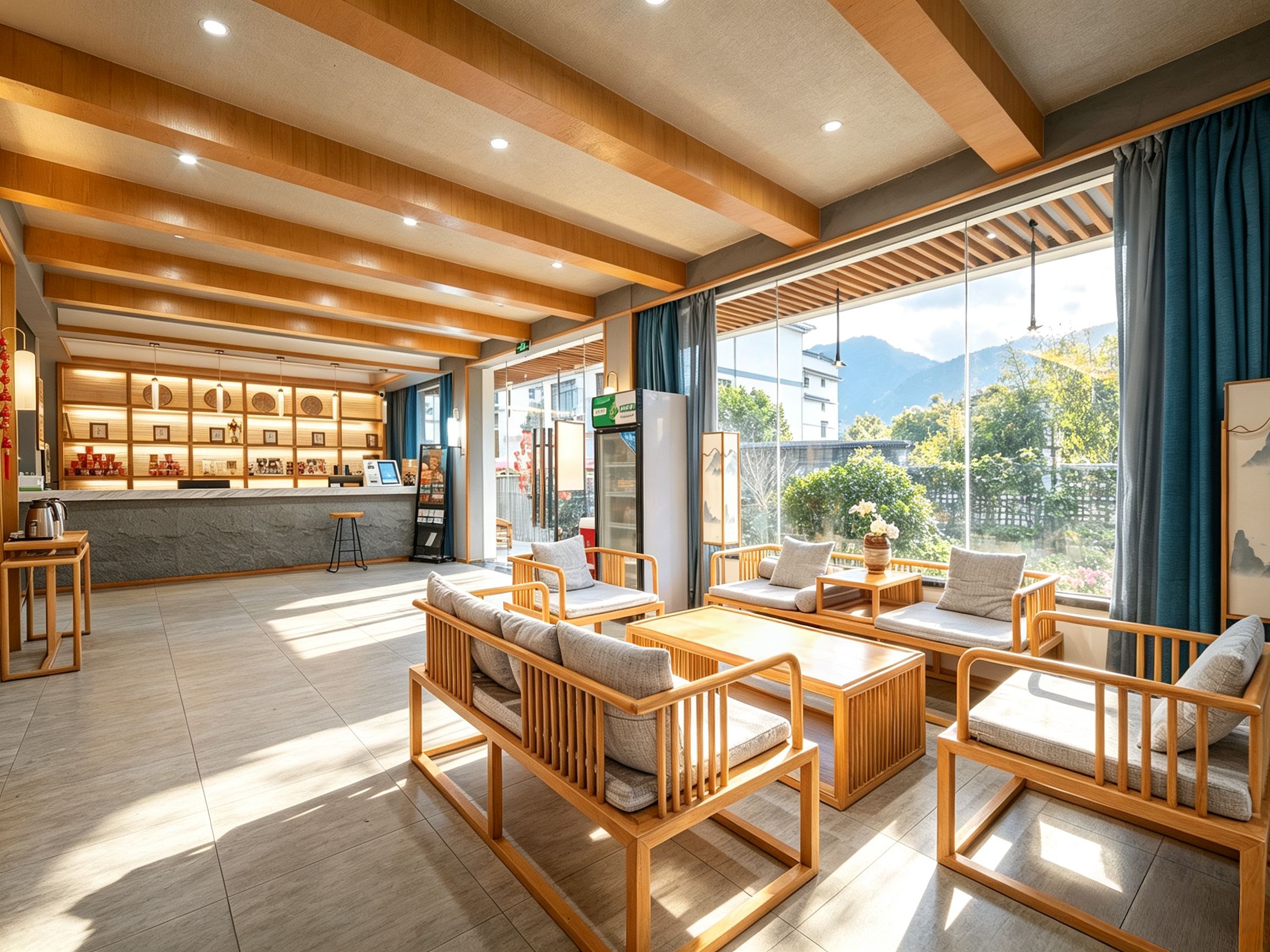 A spacious hotel lobby with wooden furniture, a reception area, and large windows offering a view of the outdoors.