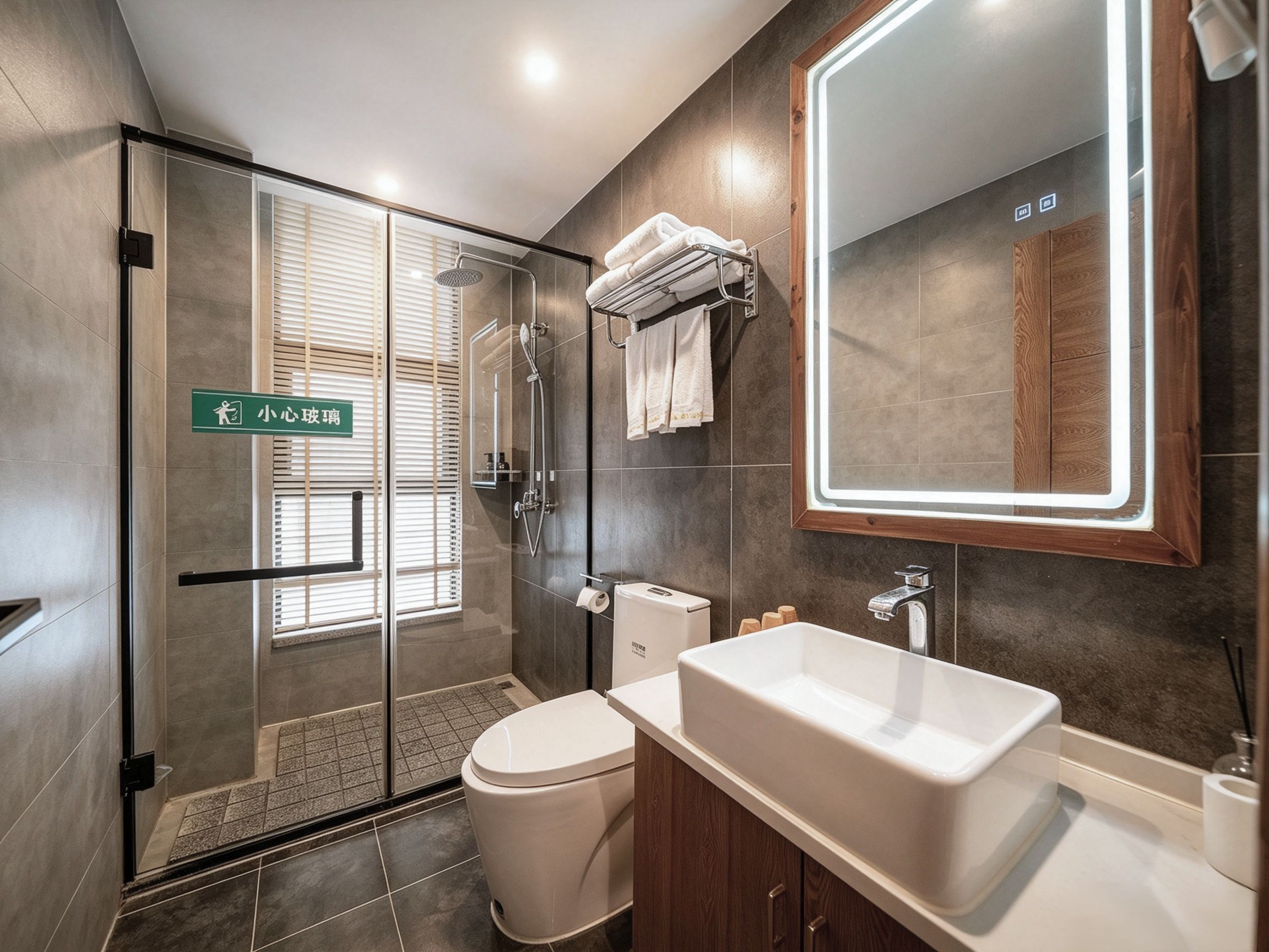 Un baño moderno con ducha envuelta en vidrio, un lavabo blanco y un espejo grande.