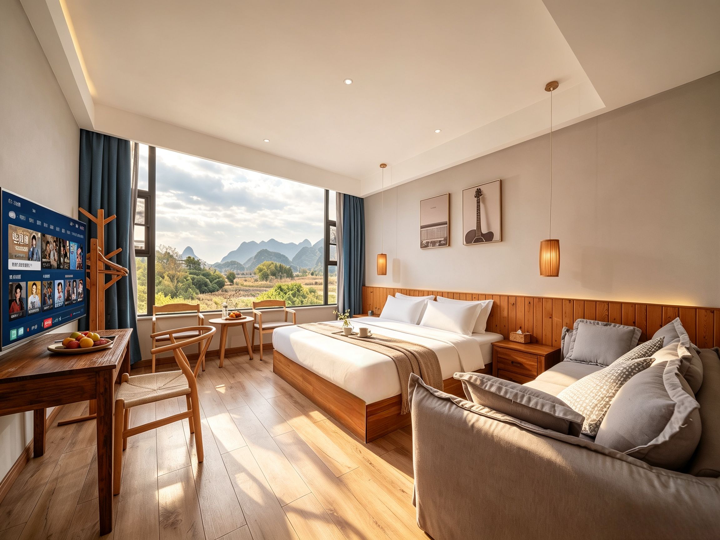 A hotel room with a bed, a sofa, a desk with a computer, and a view of mountains.
