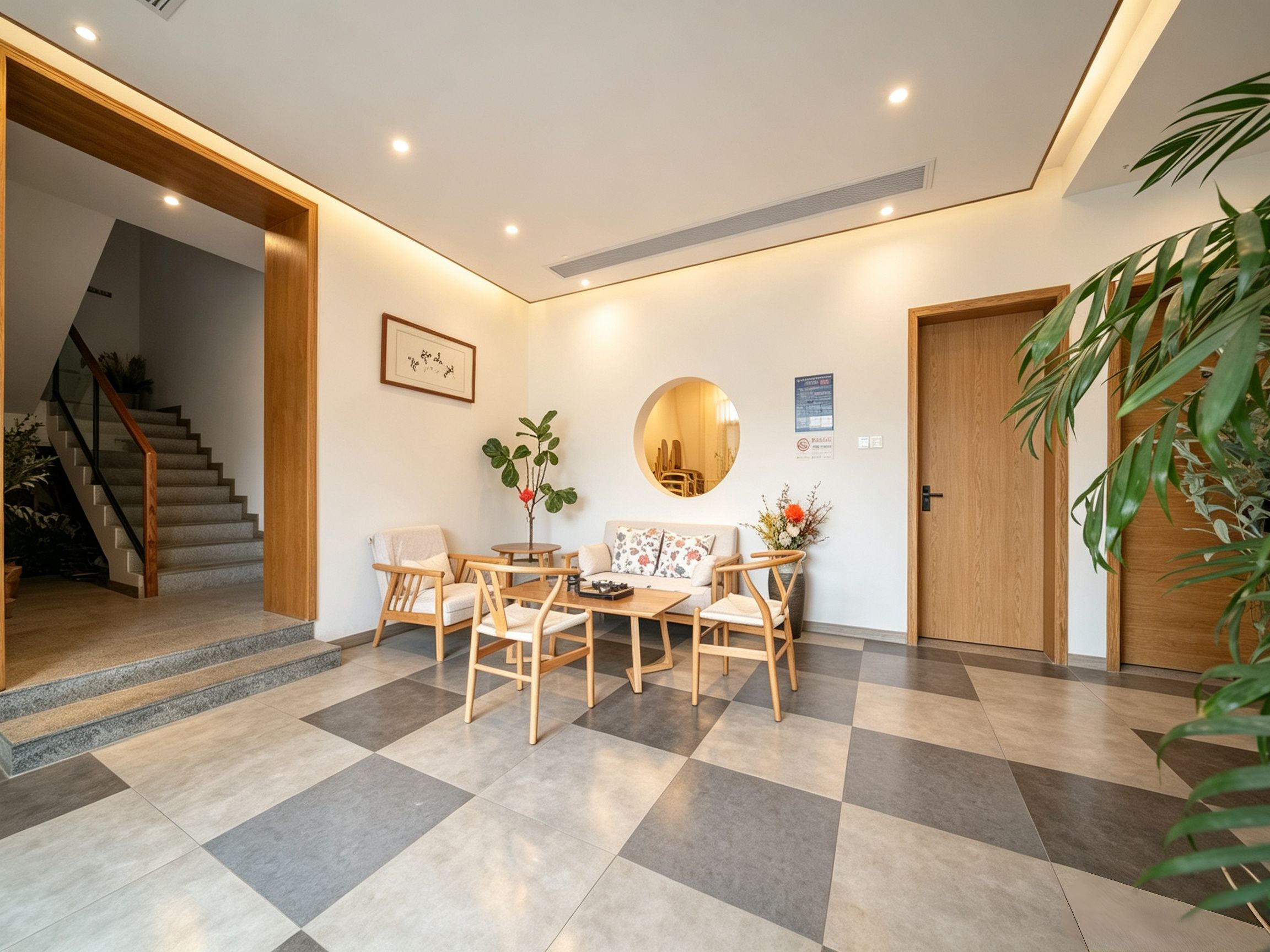 A modern interior with a checkered floor, wooden furniture, a staircase, and a door.