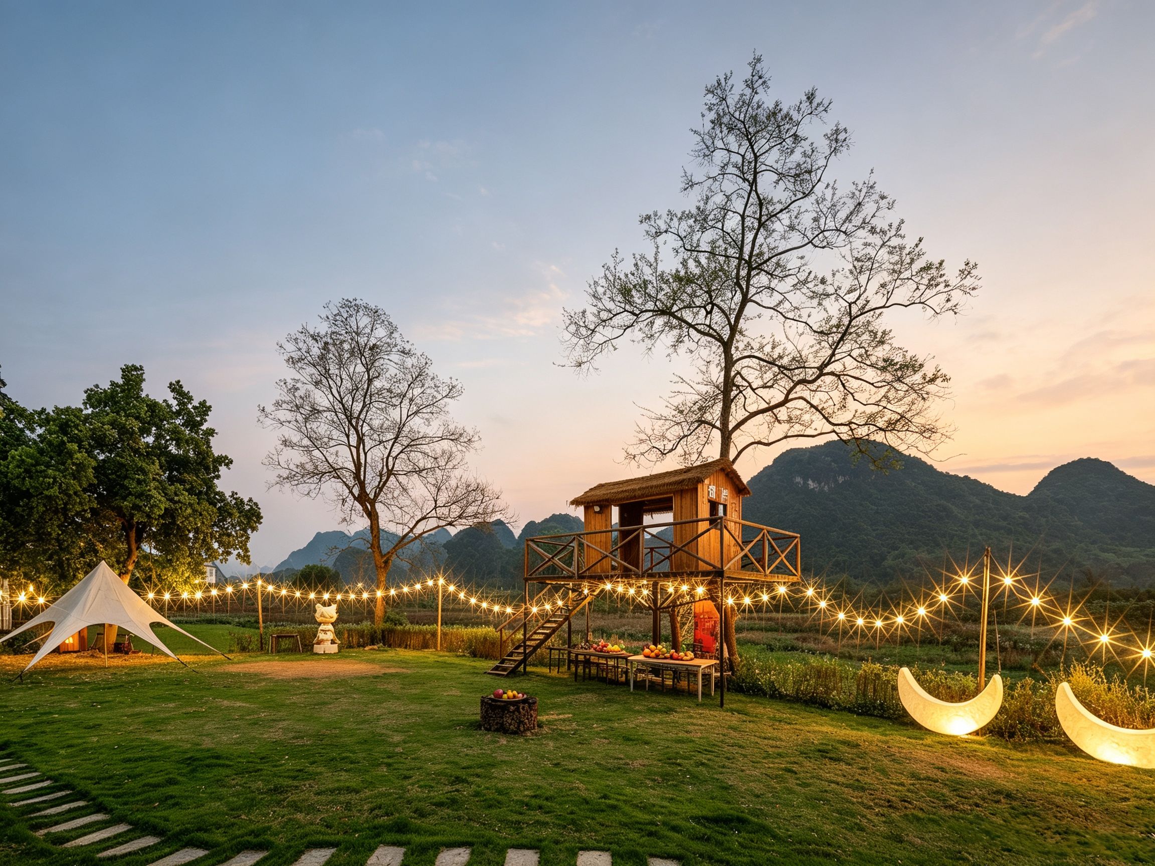 A wooden observation tower with a staircase, surrounded by trees and a tent, set against a mountainous backdrop.