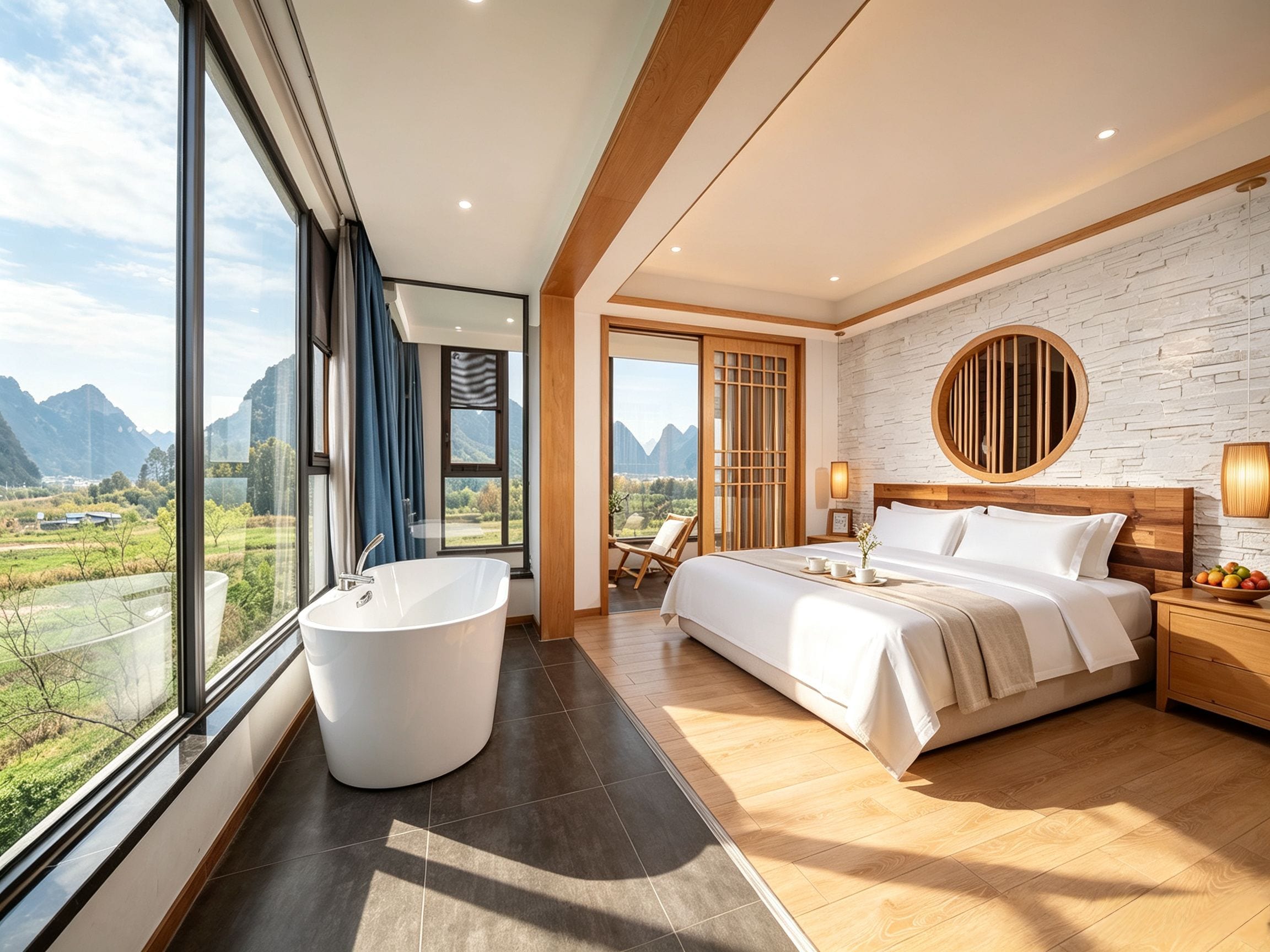 Habitación de hotel moderna con un ventanal grande, una bañera, una cama y vistas a montañas.