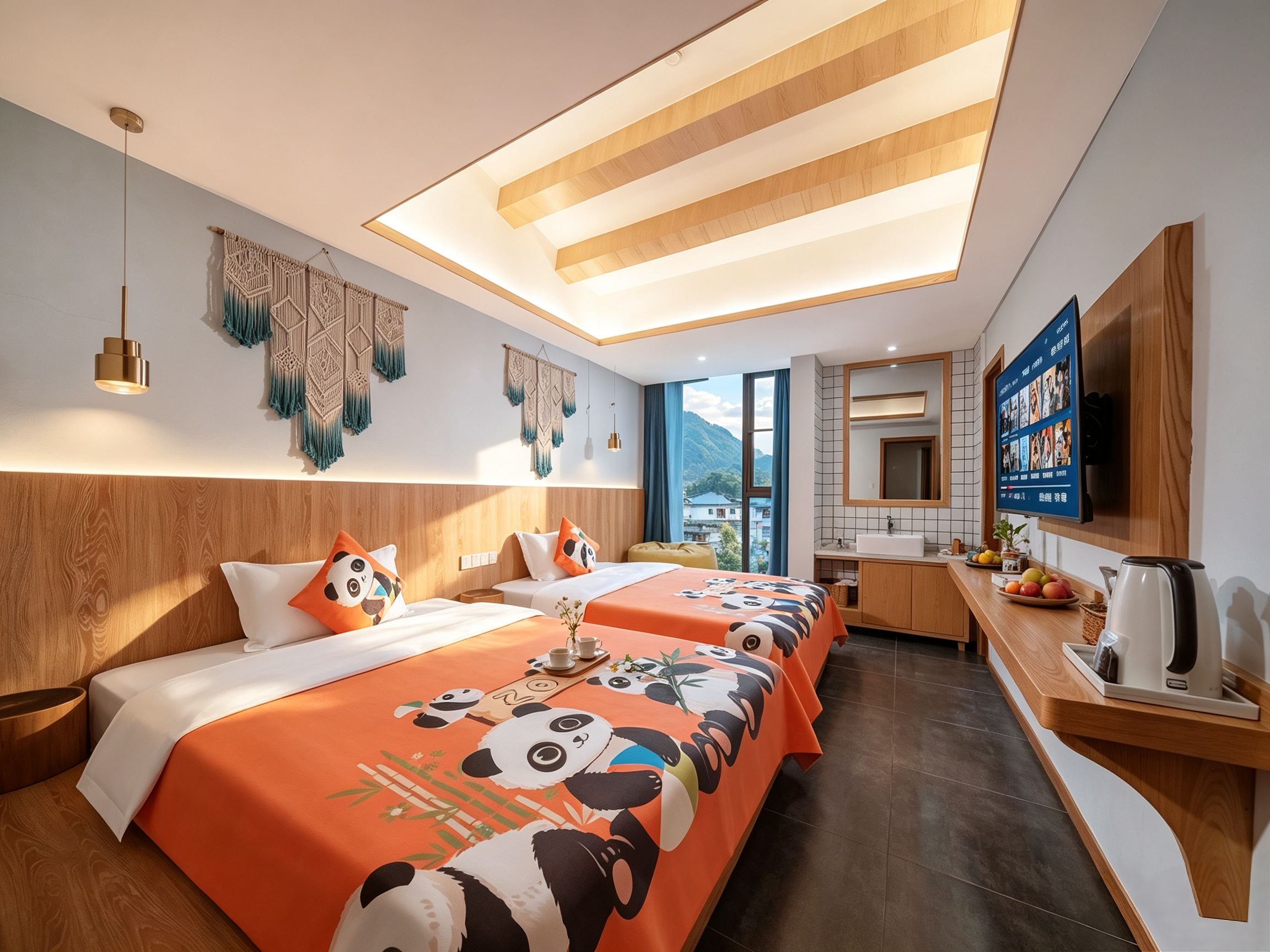 Een hotelkamer met twee bedden, een groot raam, een kitchenette en een televisie.