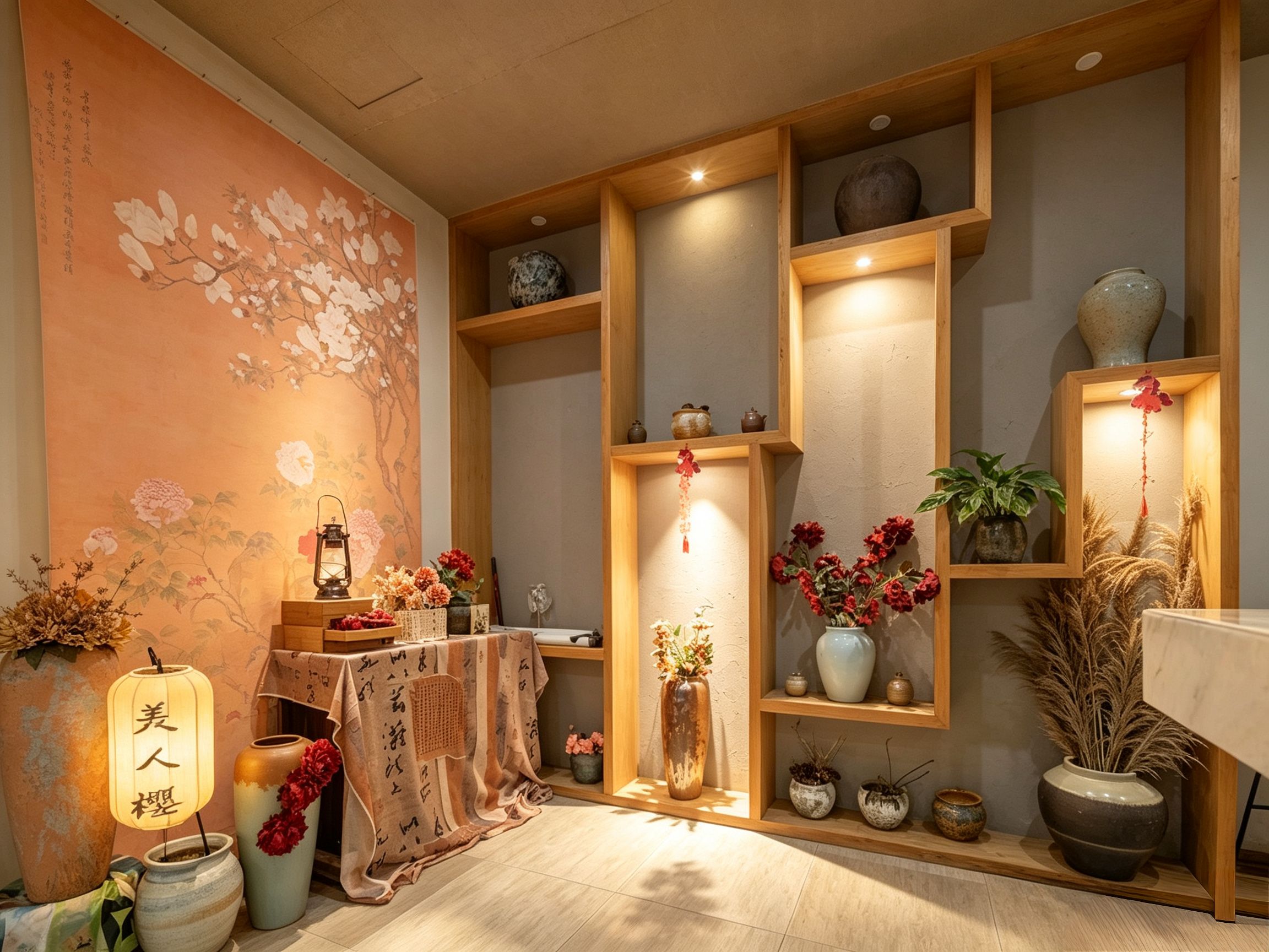 Un interior tradicional con estantes de madera, adornos y una pared con motivos florales.