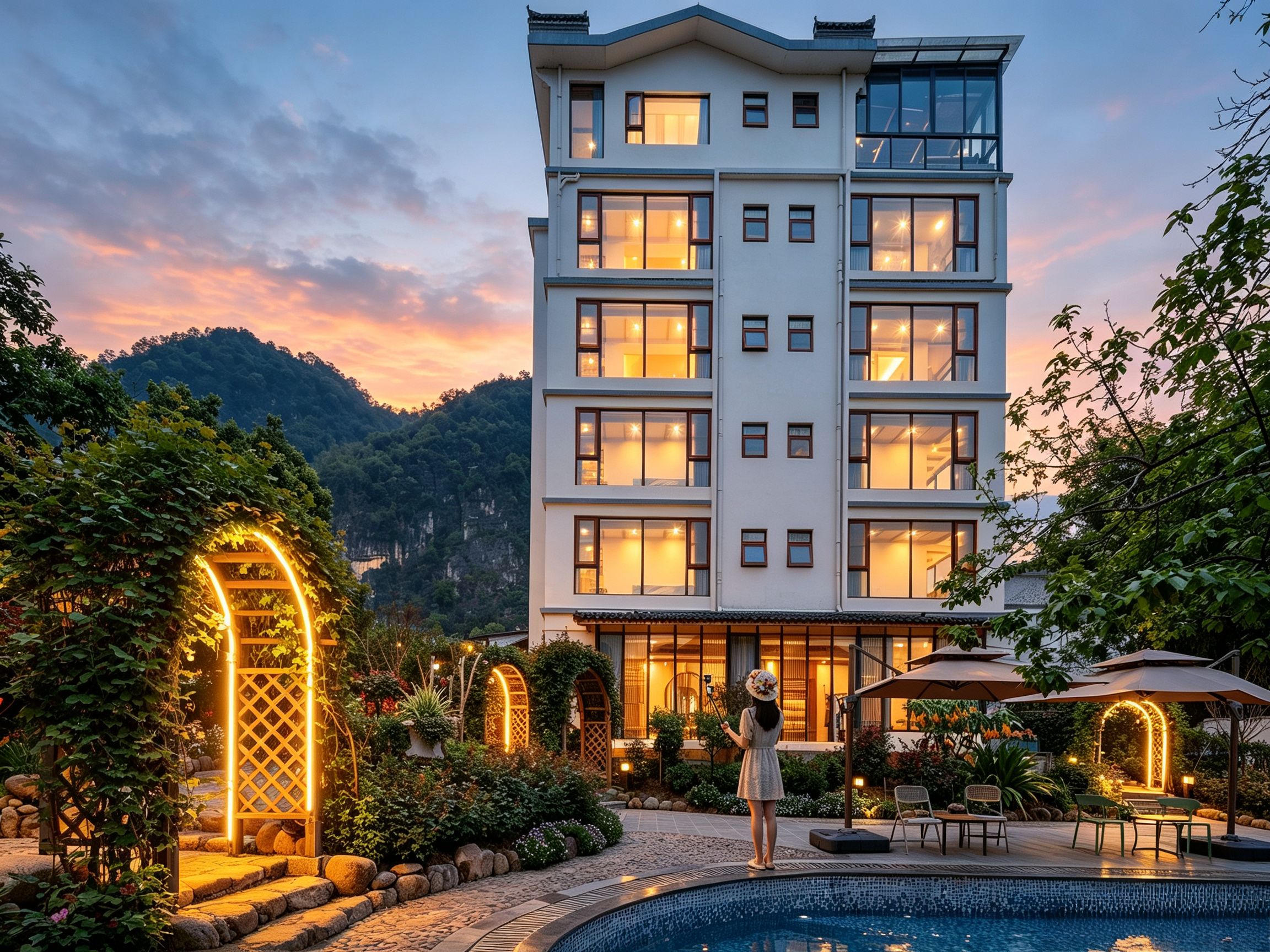 Un hotel de varios pisos con piscina, rodeado de exuberante vegetación y montañas al fondo.