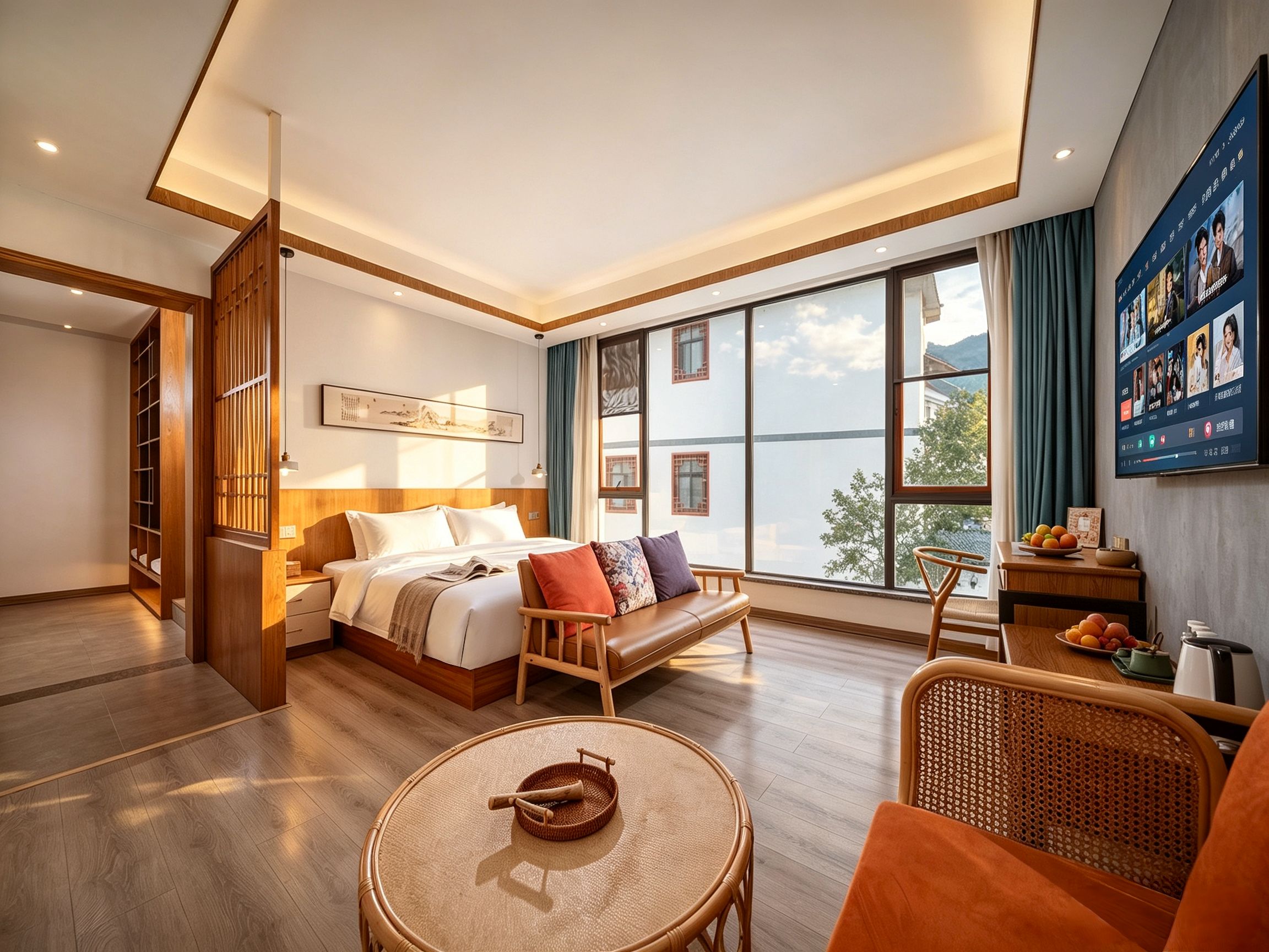 A modern hotel room with a large bed, a sofa, a dining table, and a TV mounted on the wall.