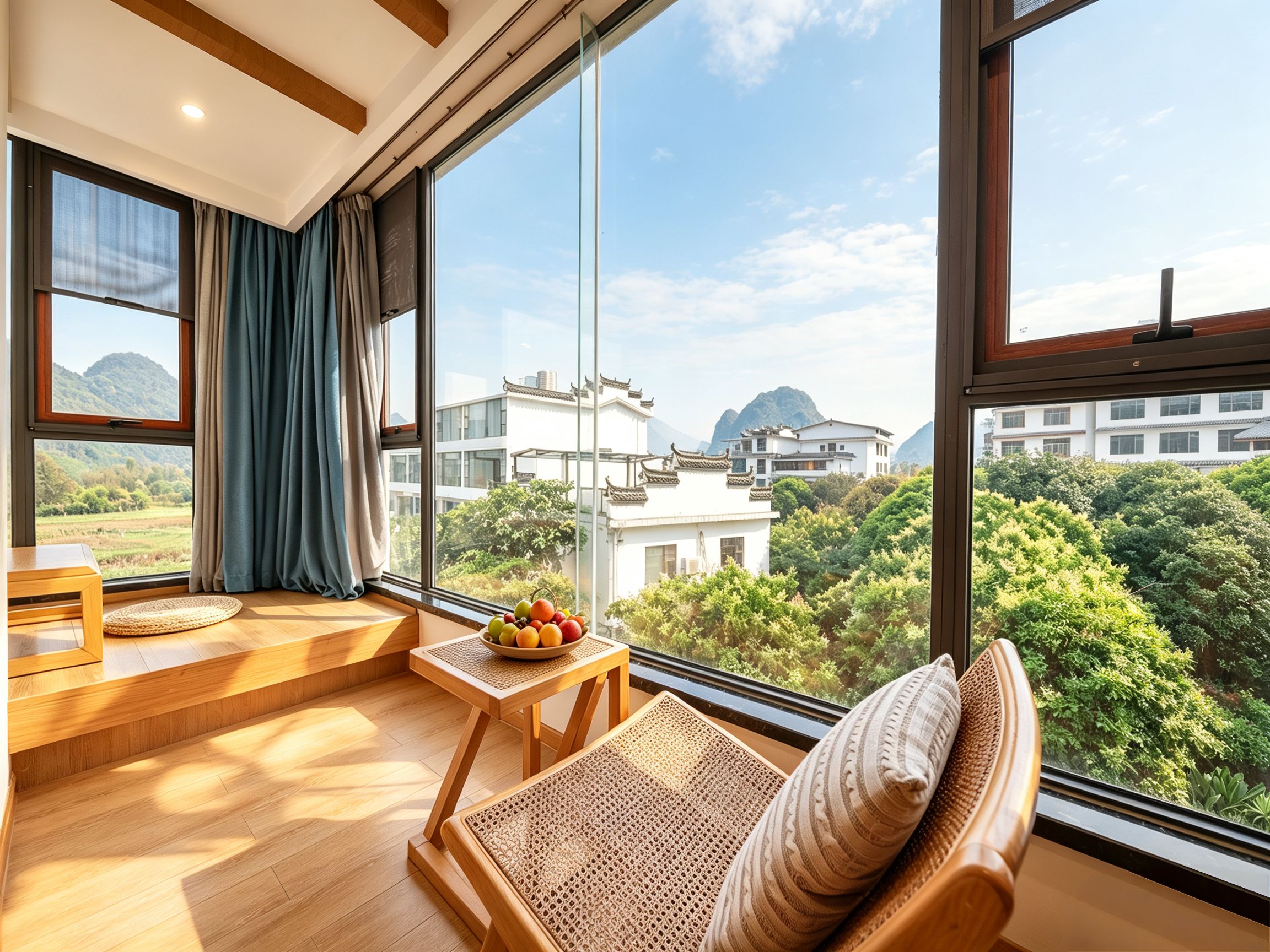 A modern room with a large window, a wooden table with a fruit bowl, a woven chair, and a view of traditional buildings and greenery.