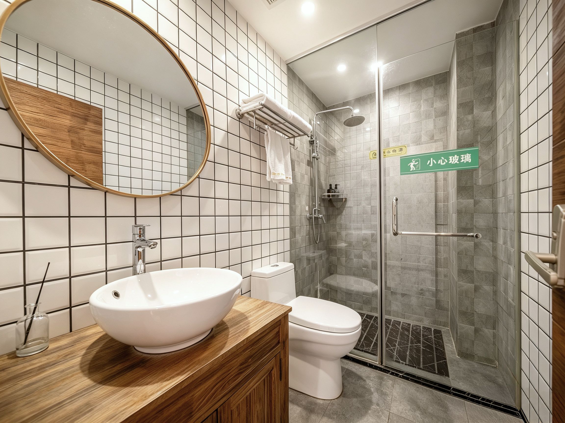 Un baño moderno con un espejo redondo, un lavabo blanco, un inodoro y una zona de ducha con mampara de cristal.