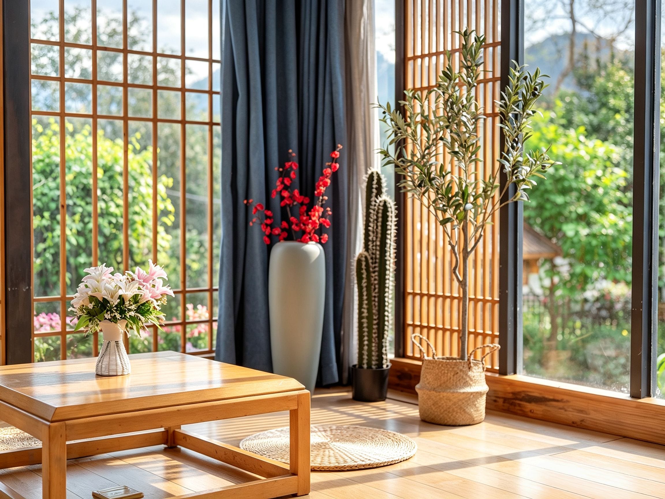 A room with a wooden table, a vase with flowers, a tall plant, and a cactus.
