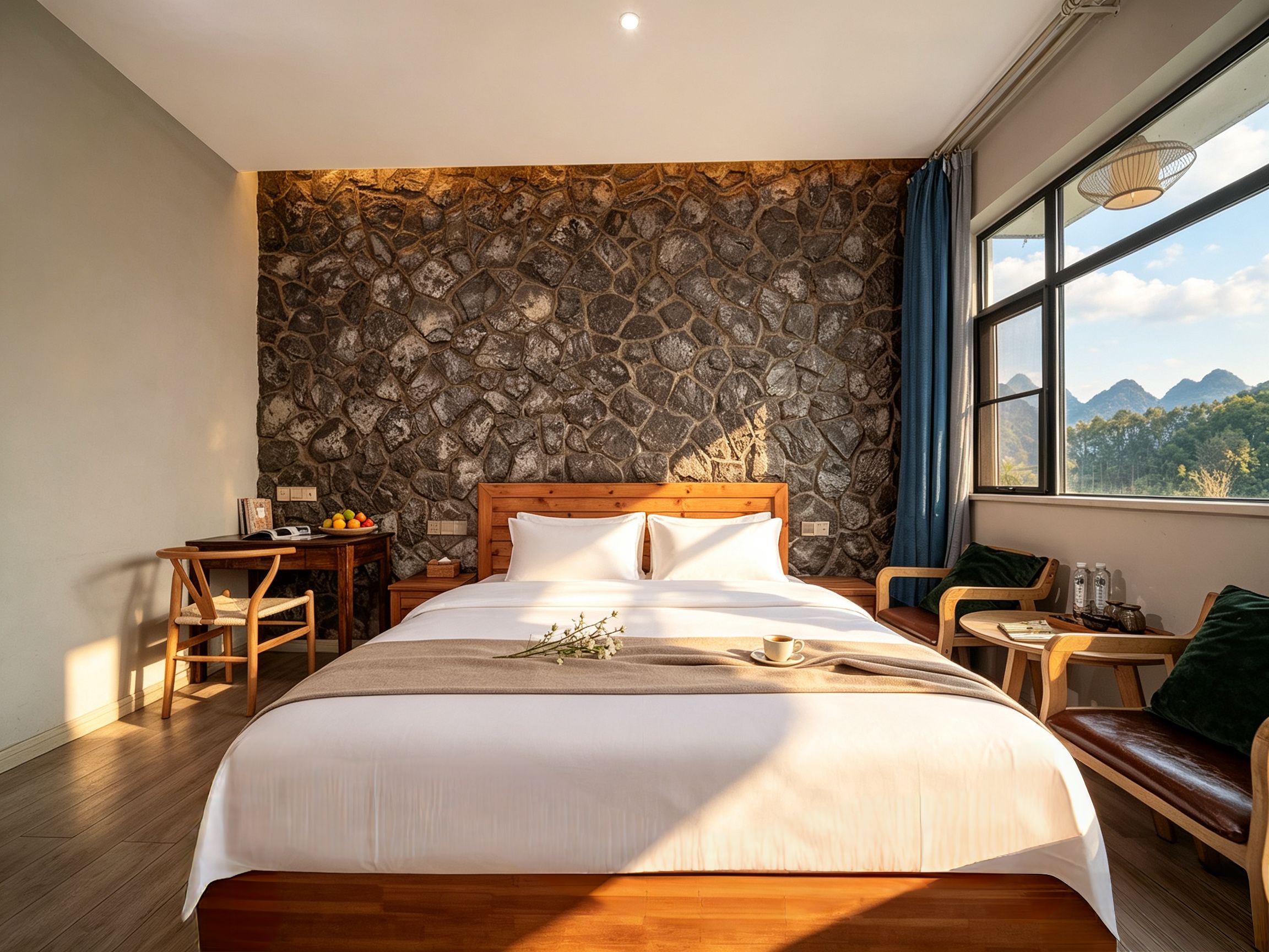 Habitación de hotel con pared de piedra, cama de madera, escritorio y vistas a las montañas.