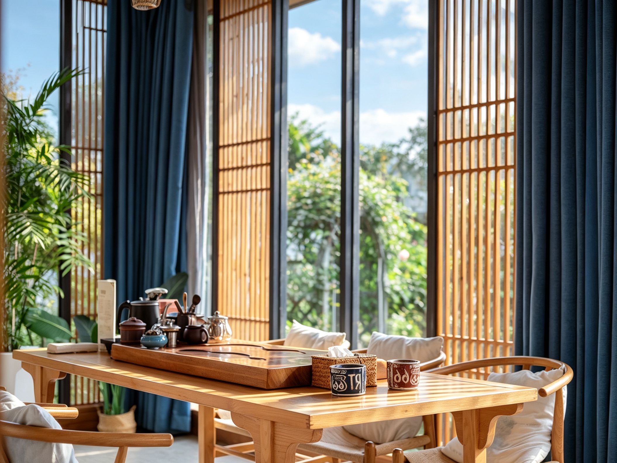 A wooden dining table with chairs, a tea set, and a view through bamboo screens to a garden.