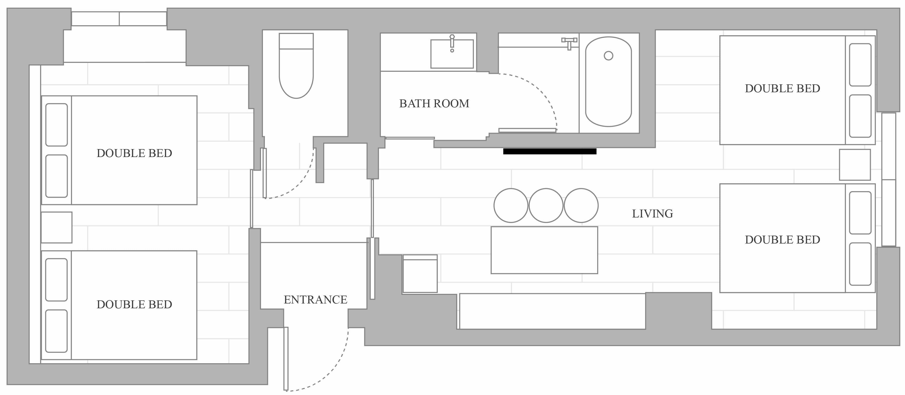 A floor plan with three double beds, a bathroom, a living area, and an entrance.