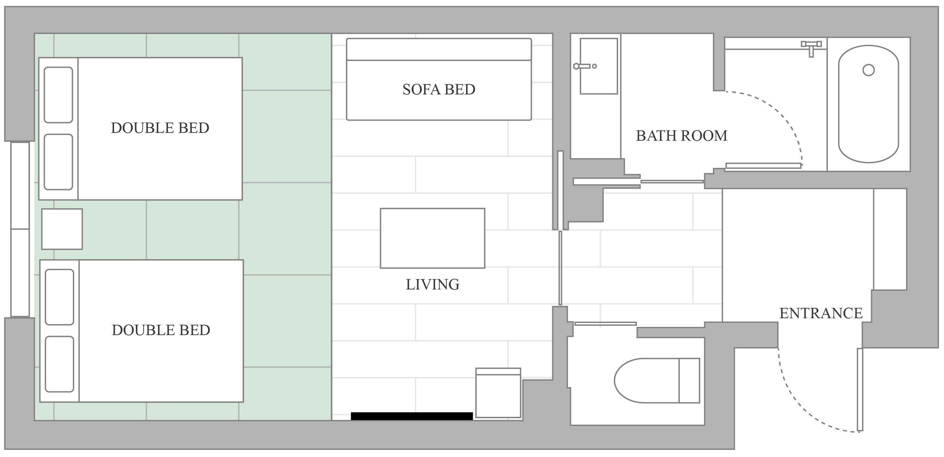 A floor plan with two double beds, a sofa bed, a living area, a bathroom, and an entrance.