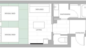 A floor plan with two double beds, a sofa bed, a living area, a bathroom, and an entrance.