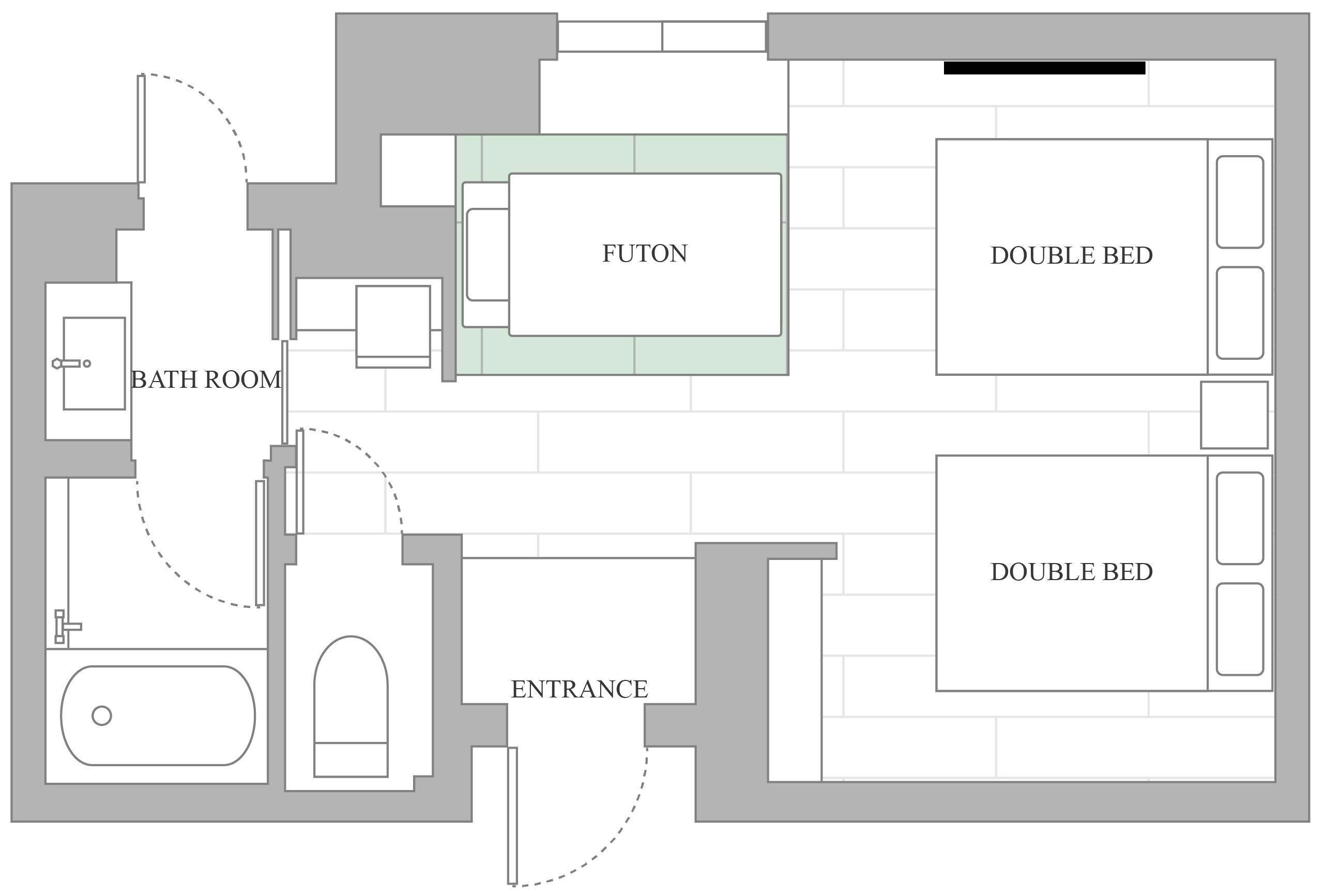 A floor plan with a futon, double beds, a bathroom, and an entrance.