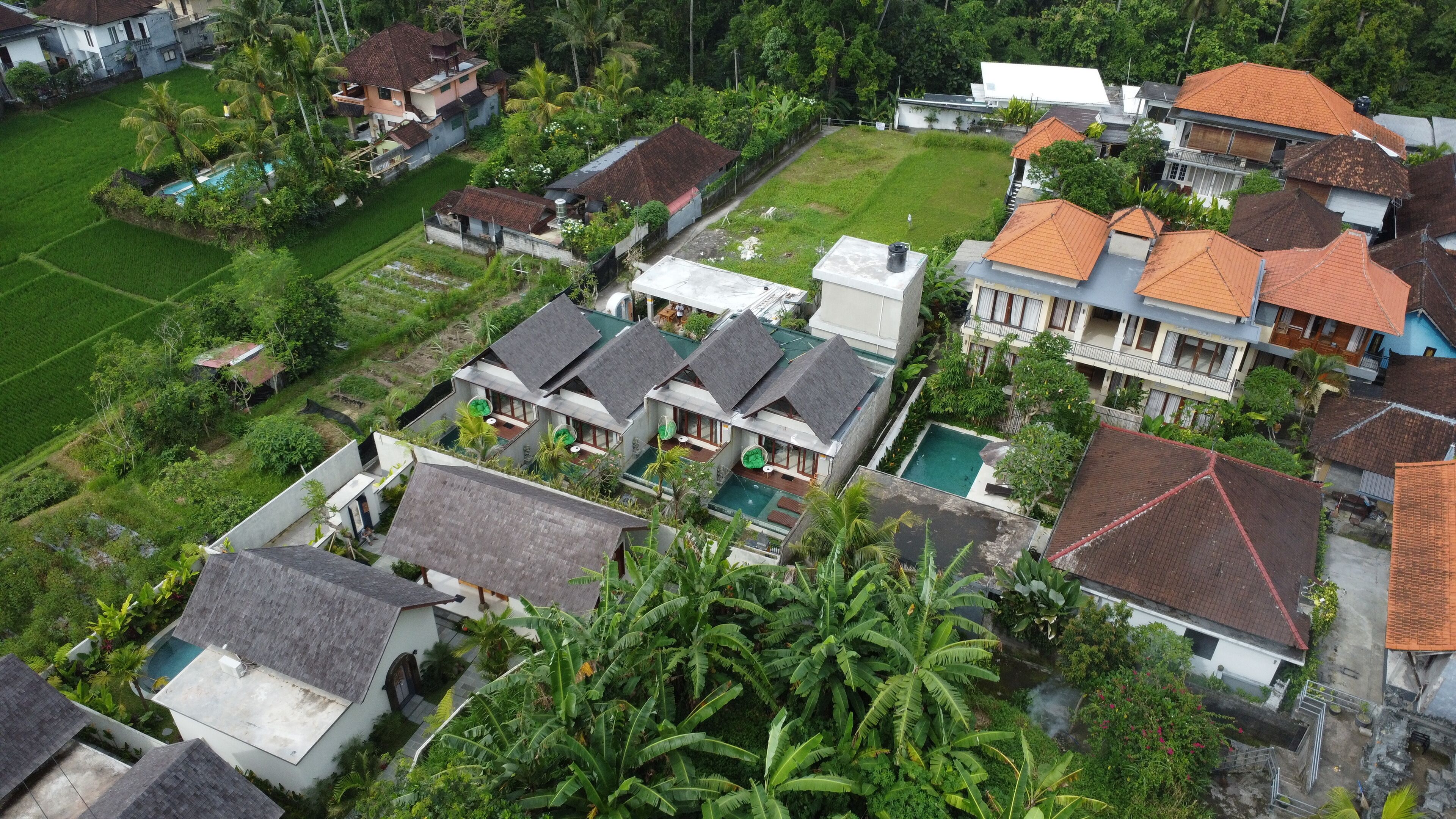 Vista aérea de um bairro residencial com casas, piscina e vegetação exuberante.